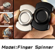 Load image into Gallery viewer, 3-in-1 stainless steel magnetic fidget slider showing spin, slide, and click functions for adult anxiety relief