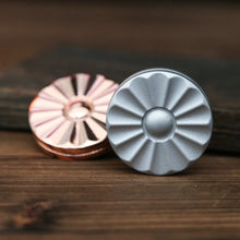 Load image into Gallery viewer, Silver and rose gold daisy metal EDC fidget toys on wooden desk
